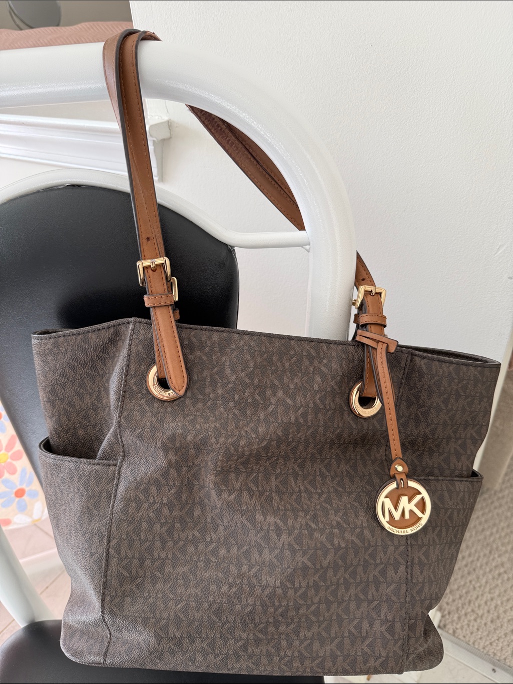 Michael Kors Brown/ Tan Monogram Tote With Gold Hardware